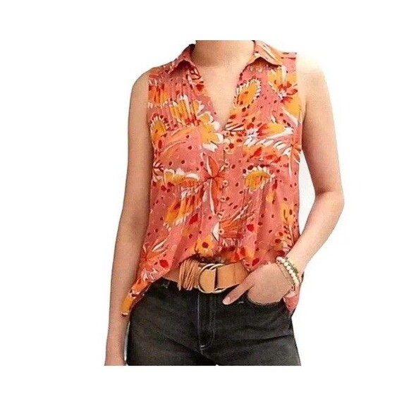 Vera‎ for Anthropologie Floral Tank Orange Blouse Retro Size Small women’s EUC - Picture 1 of 5
